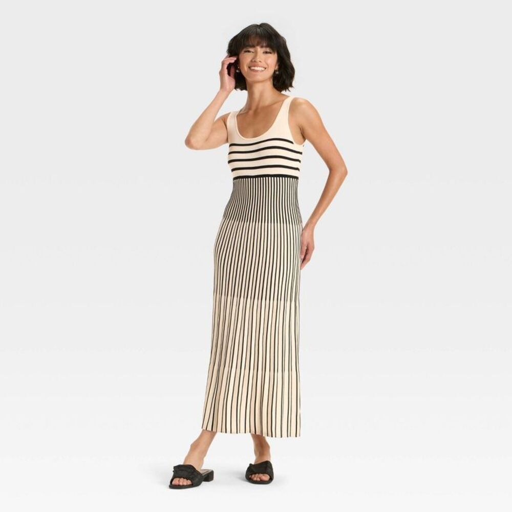 Women's Maxi Sweater Dress - A New Day Black/Cream Striped M